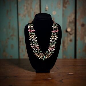 Vtg Multi (5) Strand Bird Fetish Necklace Turquoise Shell & Sterling Silver 24”